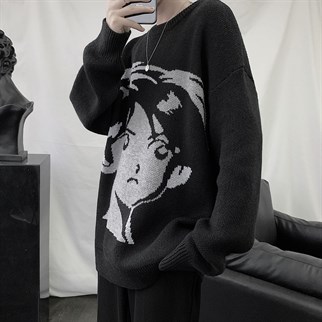 Anime Boy Harajuku Vintage Streetwear Unisex Siyah Kazak