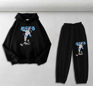 Anime Girl & Cat Baskılı Siyah Oversize Kapüşonlu Sweatshirt & Eşofman Altı Unisex İkili Takım