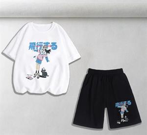 Anime Girl & Cat Baskılı Unisex Oversize Beyaz T-shirt & Şort İkili Takım