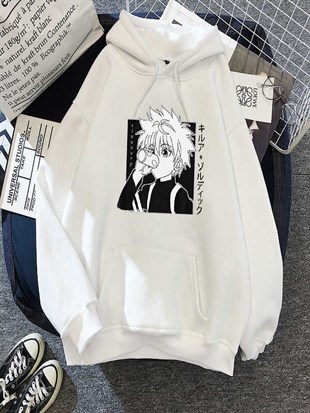 Anime Hunter X Hunter Killua Oversize (unisex) Beyaz Kapşonlu Hoodie