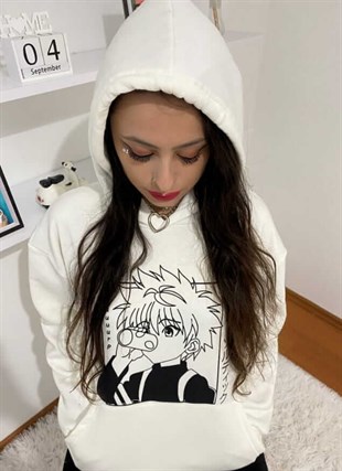 Anime Hunter X Hunter Killua Oversize (unisex) Beyaz Kapşonlu Hoodie