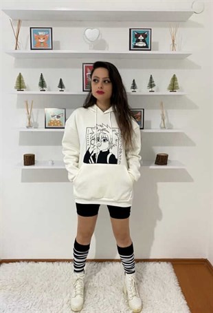 Anime Hunter X Hunter Killua Oversize (unisex) Beyaz Kapşonlu Hoodie
