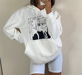 Anime Hunter X Hunter Killua Oversize (unisex) Beyaz Kapşonlu Hoodie