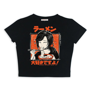 Anime Ramen Daisuki Desu Smile Baskılı Siyah Crop