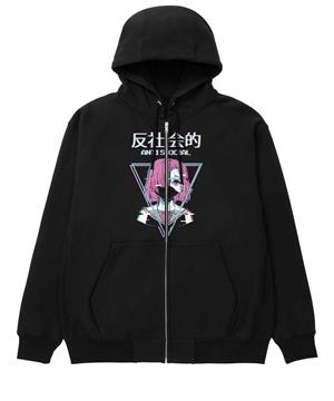 Antisocial Anime Girl Baskılı Oversize Fermuarlı Siyah Unisex Kapüşonlu Hırka