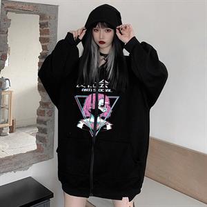 Antisocial Anime Girl Baskılı Oversize Fermuarlı Siyah Unisex Kapüşonlu Hırka