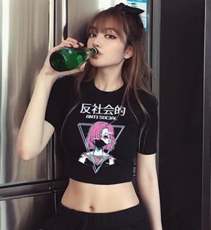 Antisocial Anime Girl Baskılı Siyah Crop