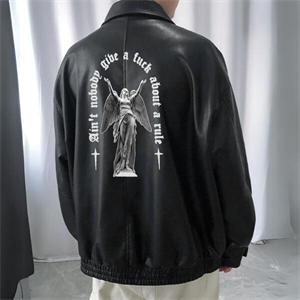 Art Pattern Baskılı Streetwear Siyah Oversize Unisex Astarlı Deri Ceket