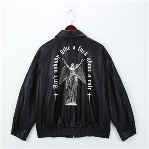 Art Pattern Baskılı Streetwear Siyah Oversize Unisex Astarlı Deri Ceket