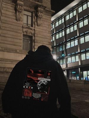Asteroids Baskılı Siyah Kapşonlu Sweatshirt 