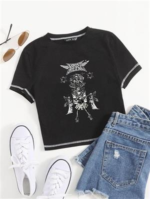 Baby Metal Baskılı Ters Dikiş Siyah Crop