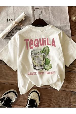 Beyaz Tequila Baskılı Oversize T-Shirt