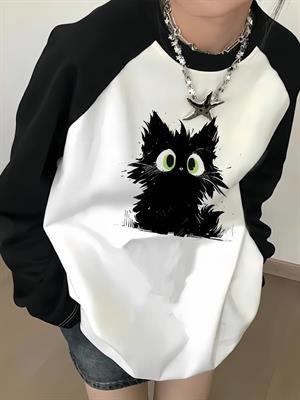 Black Cat Reglan Uzun Kollu Baskılı Beyaz T-Shirt
