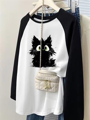 Black Cat Reglan Uzun Kollu Baskılı Beyaz T-Shirt