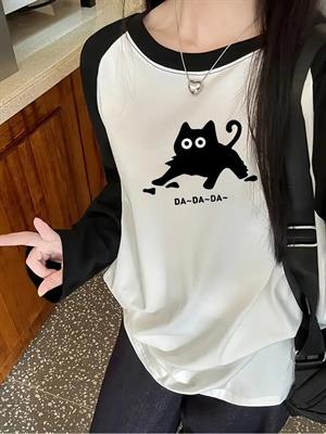 Black Cat Reglan Uzun Kollu Baskılı Beyaz T-Shirt