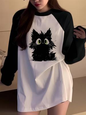 Black Cat Reglan Uzun Kollu Baskılı Beyaz T-Shirt