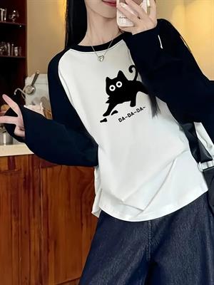 Black Cat Reglan Uzun Kollu Baskılı Beyaz T-Shirt