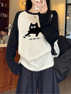 Black Cat Reglan Uzun Kollu Baskılı Beyaz T-Shirt