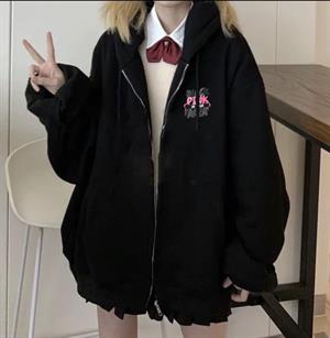 Black Pink Baskılı Oversize Fermuarlı Siyah Unisex Kapüşonlu Hırka