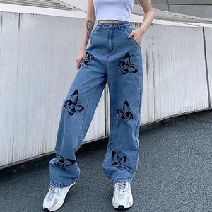 Butterfly Baskılı Kar Yıkamalı Unisex Bol Paça Pantolon