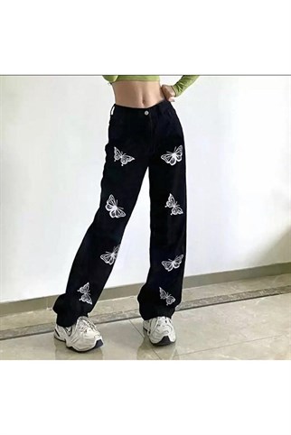 Butterfly Siyah Palazzo Kar Yıkamalı  Jean