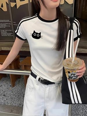 Cat Baskılı Şeritli Bluz Body Crop