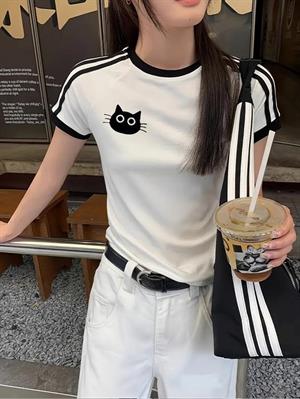 Toptan Cat Baskılı Şeritli Bluz Body Crop