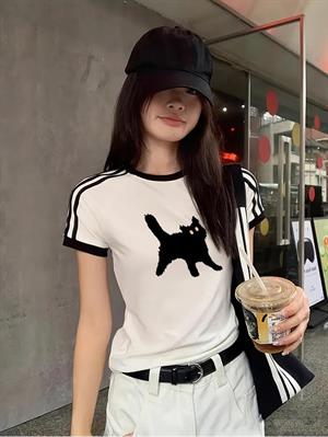 Cat Baskılı Şeritli Bluz Body Crop