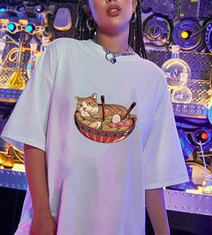 Cat On Plate Beyaz Unisex Oversize T-shirt