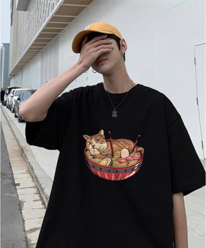 Cat On Plate Siyah Unisex Oversize T-shirt