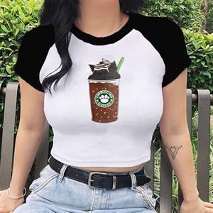 Catpuccino Coffee Baskılı Reglan Kol Beyaz Crop