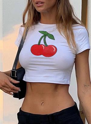 Cherries Baskılı Beyaz Crop
