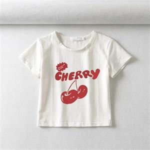 Cherry Baskılı Beyaz Crop