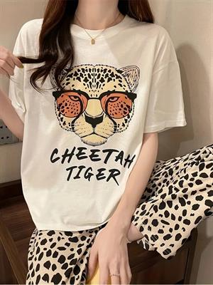 Çita Tiger Desenli Oversize Unisex T-shirt