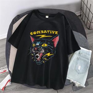 Combative Cat Baskılı Siyah Unisex Oversize T-shirt