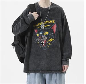 Combative Cat Baskılı Yıkamalı Vintage Unisex Oversize Bisiklet Yaka Sweatshirt