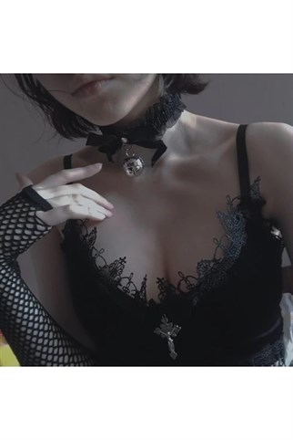 Cosplay Gothic Punk Çanlı Dantelli Unisex Choker Kolye