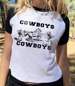Cowboys Baskılı Reglan Kol Beyaz Crop