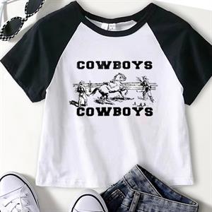 Cowboys Baskılı Reglan Kol Beyaz Crop