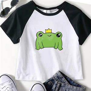 Crowned Frog Baskılı Reglan Kol Beyaz Crop