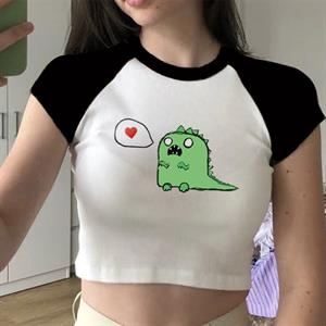Cute Dino Baskılı Reglan Kol Beyaz Crop