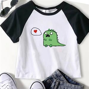 Cute Dino Baskılı Reglan Kol Beyaz Crop