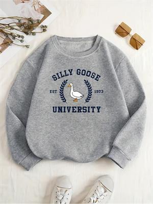 Cute Duck Baskılı Gri Unisex Oversize Bisiklet Yaka Sweatshirt
