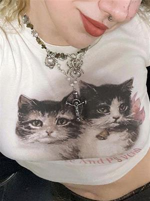 Cute Kitten Ribbed Baskılı Beyaz Crop 