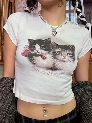 Cute Kitten Ribbed Baskılı Beyaz Crop 