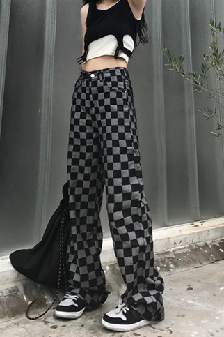 Damalı Desenli Unisex Siyah Jean