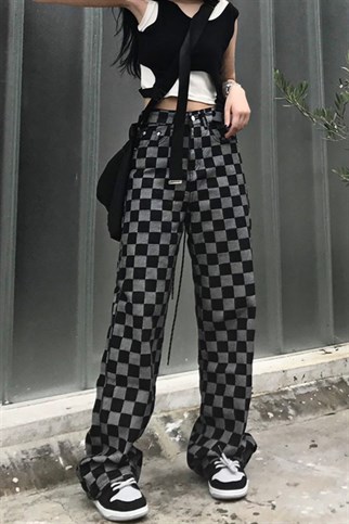 Damalı Desenli Unisex Siyah Jean