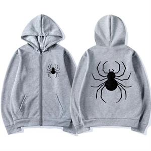 Dangerous Spider Ön-Arka Baskılı Oversize Fermuarlı Gri Unisex Kapüşonlu Hırka