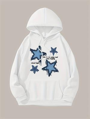 Denim Star Baskılı Kapşonlu Beyaz Sweatshirt 