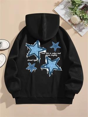 Denin Star Baskılı Siyah Kapşonlu Sweatshirt 